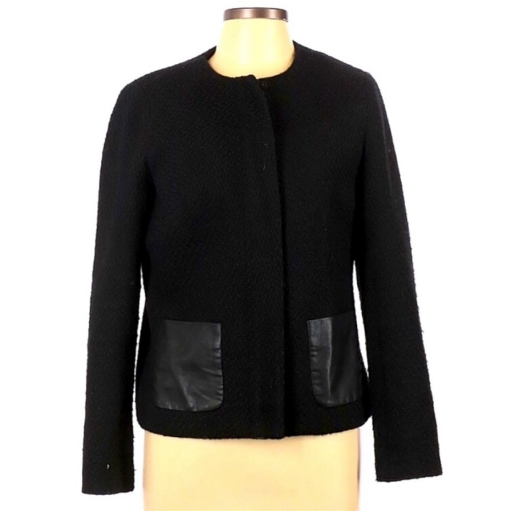 Talbots 10 black wool blend faux leather pocket crop zipper knit sweater jacket